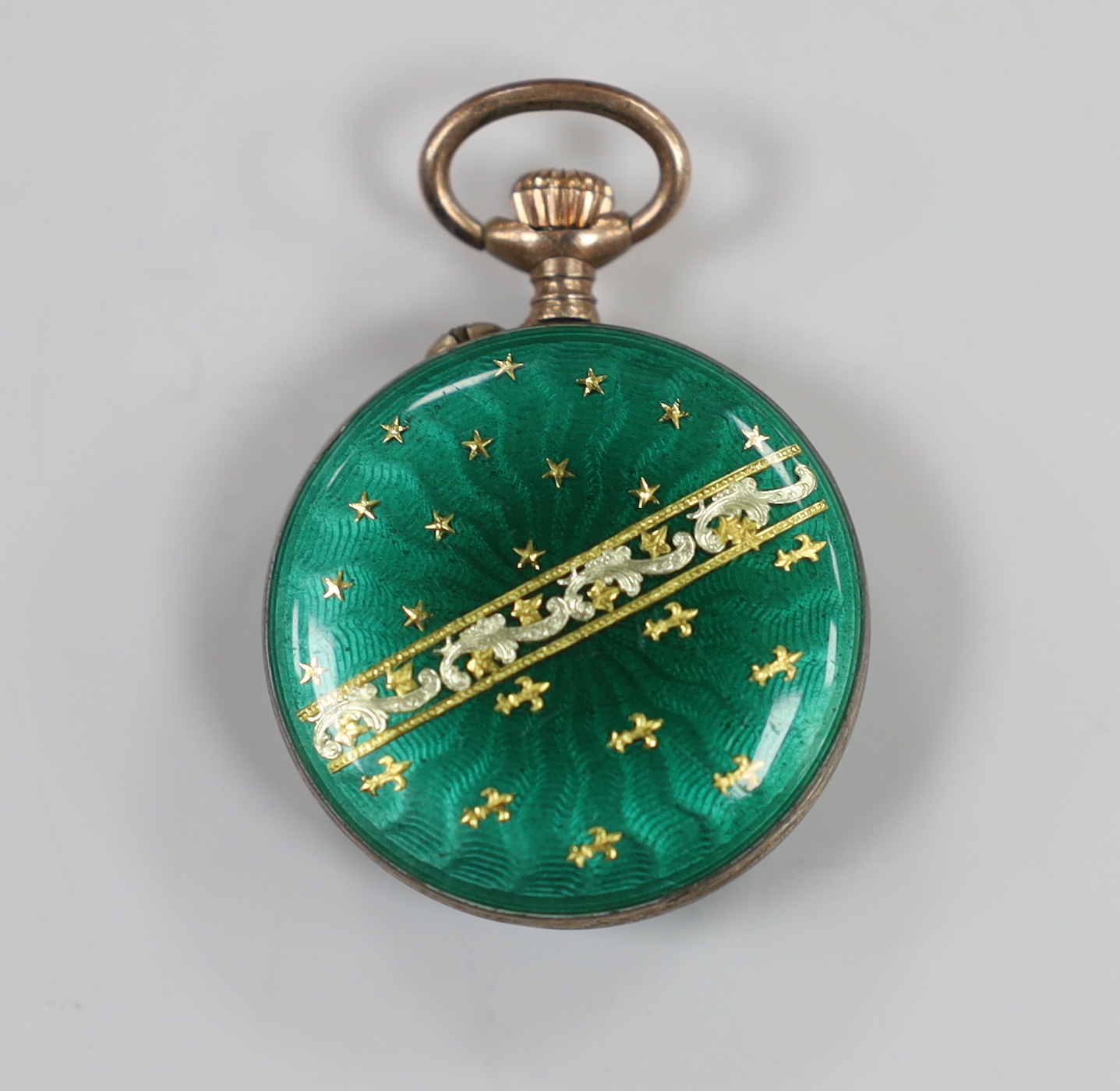 An early 20th century continental gilt white metal? and green enamel set fob watch, with Roman dial.